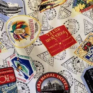 Ax’ent Cotton Kimono Style Robe w Tie Hotel Passport Stamp Travel Global S/M